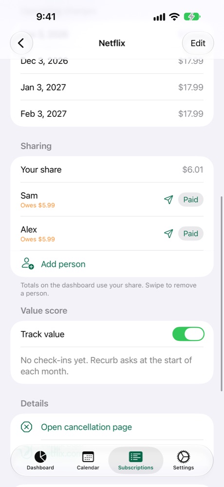 A shared Netflix plan showing your share and what each person owes