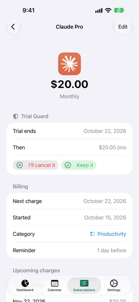 A subscription in Requrb with its trial end date and Keep it / I'll cancel it buttons