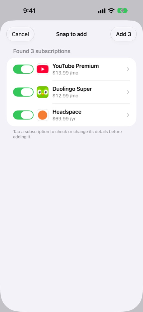 Three subscriptions found from a screenshot, ready to add